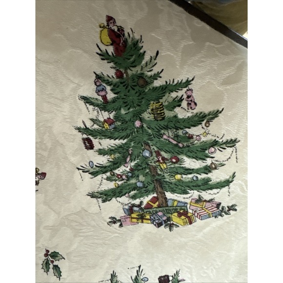 Spode Christmas Tree TABLE RUNNER~Red Ribbon Ivory Jacquard Damask 72"x14"~NEW - Picture 2 of 6
